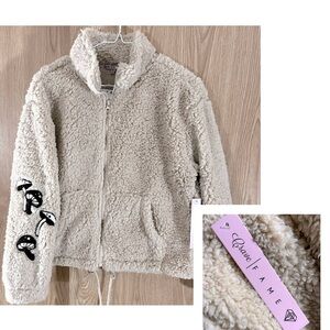 NWT Cream Printed Teddy Sherpa Fleece Cropped Oversized Jacket